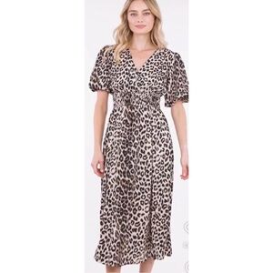 She + Sky Beige and Black Leopard Print Puff-Sleeve Midi Dress